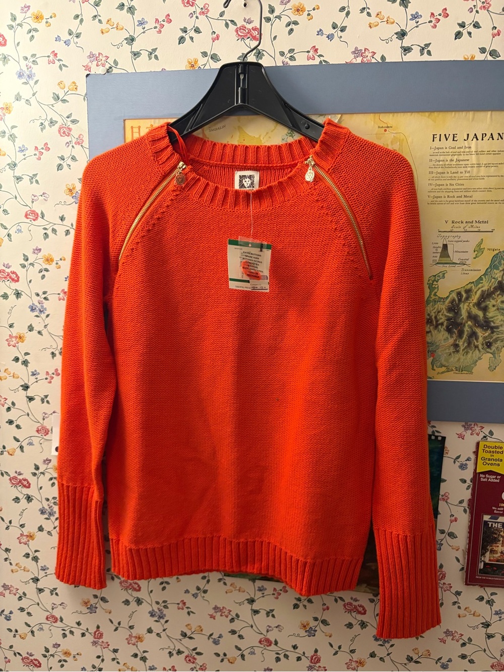 Ann Taylor Orange Zip-Shoulder Crewneck Sweater